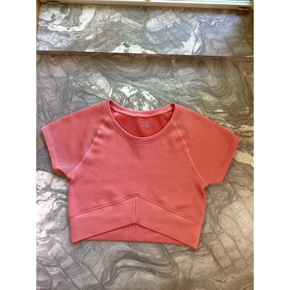 OFFLINE by Aerie Ribbed Seamless Crop Top Coral Pink Short Sleeve Small